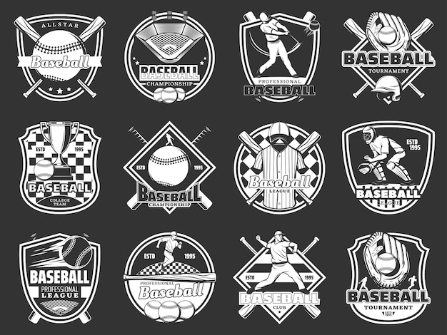 Béisbol deporte aislado vector monocromo iconos