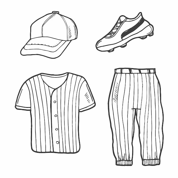 Béisbol doodle uniforme vector béisbol camisa pantalones gorra de béisbol y calzado deportivo