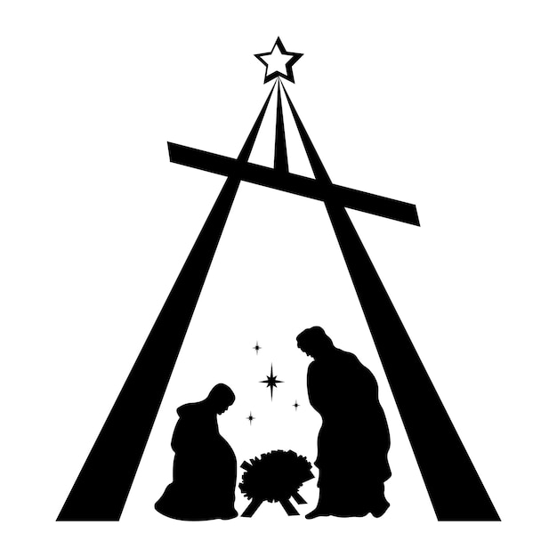 Vector belén navideño cristiano del niño jesús en un pesebre con maría y josésilhouetteicon