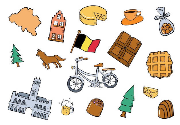 Bélgica o belgia país nación doodle conjunto de colecciones dibujadas a mano con estilo de contorno plano