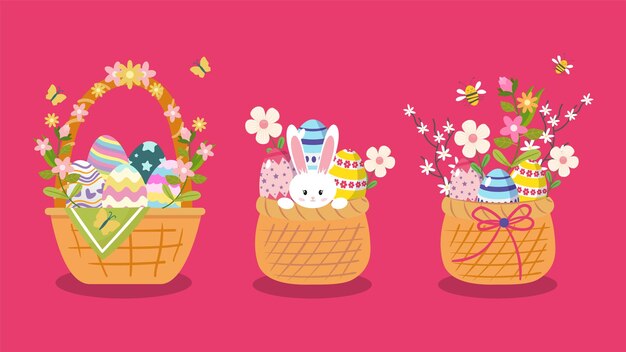 Bella canasta de Pascua con huevos coloridos flores amp un conejo lindo perfecto para diseños festivos