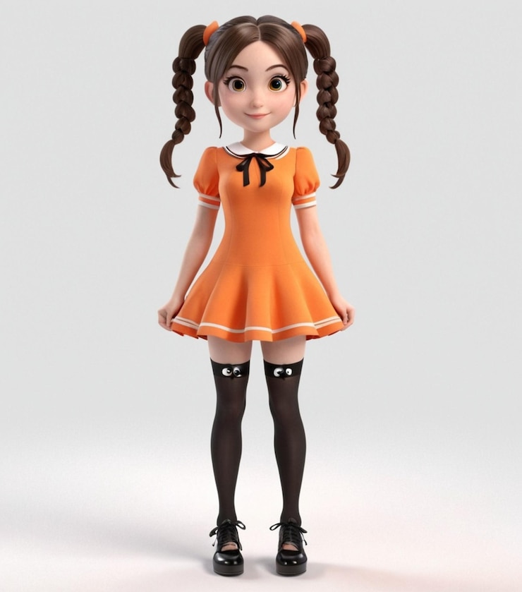 Vector bella chica con cabello en colas con vestido naranja medias negras y zapatos