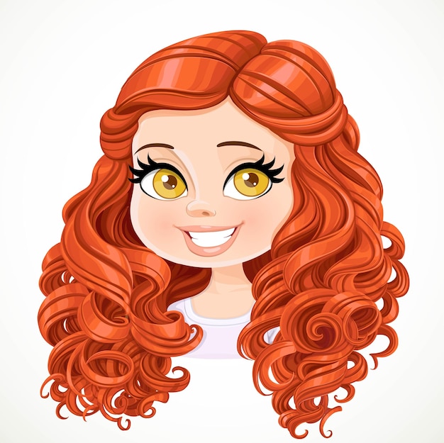 Bella chica morena con el retrato del pelo largo y rizado rojo aislado sobre un fondo blanco