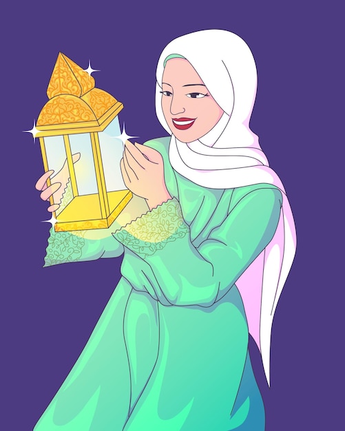 Bella chica musulmana con elegante vestido islámico y hijab sosteniendo una linterna brillante