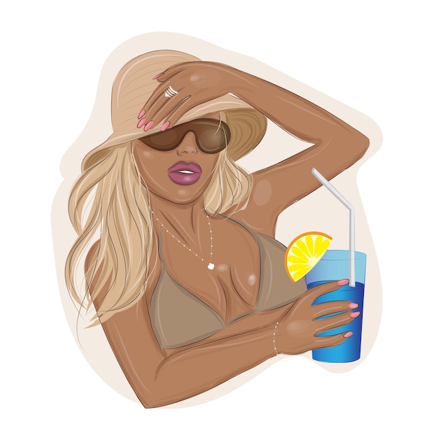 Bella chica con un sombrero descansando en la playa ilustración vectorial de moda