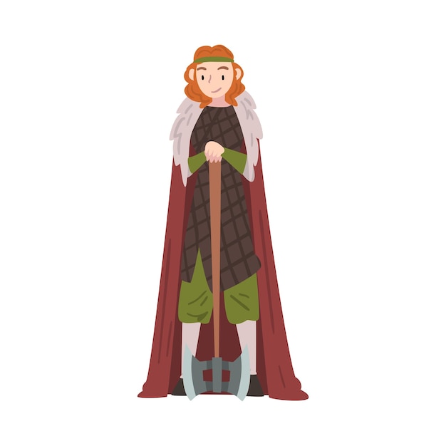 Vector bella chica vikinga con hacha de batalla mujer guerrera medieval personaje de la mitología escandinava en