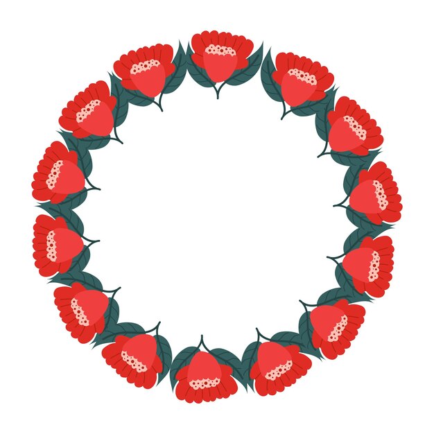 Bella corona floral con flores rojas y hojas verdes Elegante marco de flores redondas dibujadas a mano Ilustración vectorial de una invitación de boda o diseño de tarjeta de felicitación