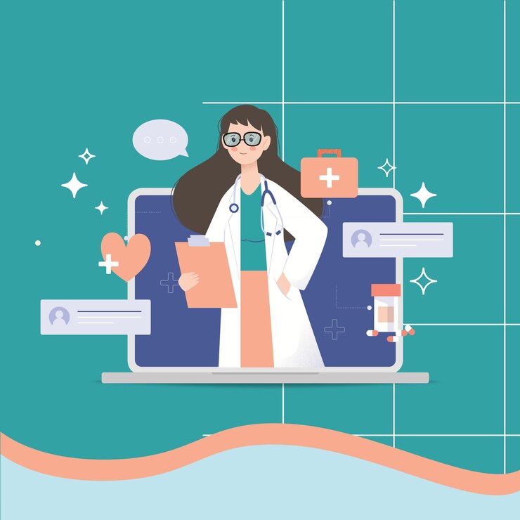 Vector bella doctora personaje con concepto virtual