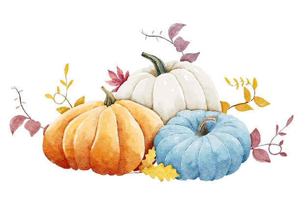 Bella ilustración en acuarela de coloridas calabazas rodeadas de hojas de otoño