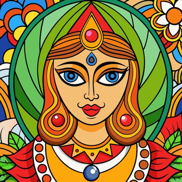 Bella ilustración de Durga, la diosa india, con detalles coloridos y ornamentales