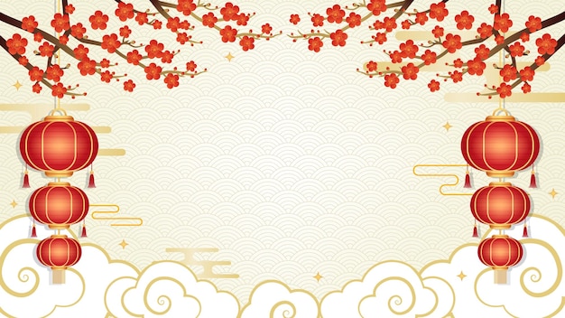 Bella ilustración vectorial de fondo chino Ramas de flores de ciruela roja y linternas de papel en el fondo de la tradición