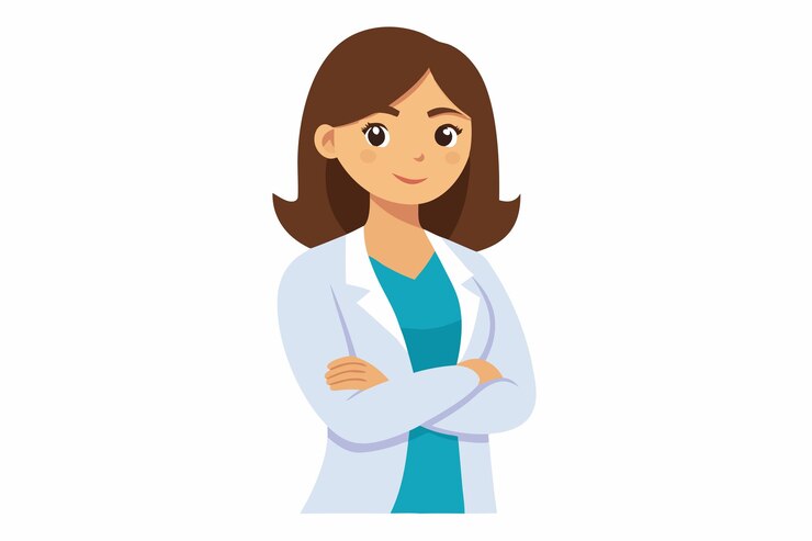 Vector bella joven doctora con los brazos cruzados ilustración de dibujos animados