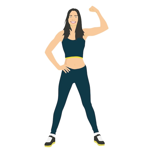 Bella joven fuerte mujer poderosa mostrando sus músculos vector plano