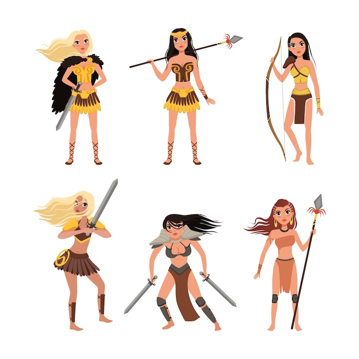 Vector bella mujer amazona como antiguos guerreros personajes luchando con lanzas y espadas conjunto vectorial