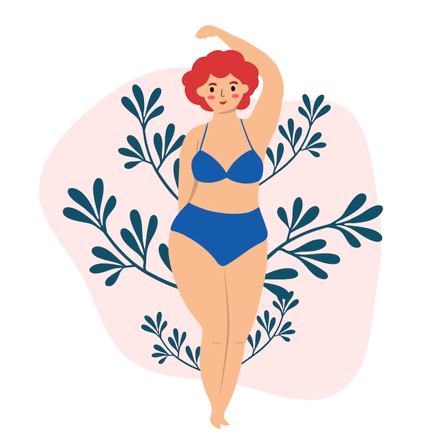 Bella mujer en bikini posando con flores en el trasero cuerpo positivo y amar tu cuerpo