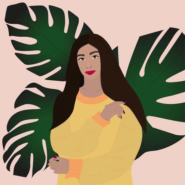 Bella mujer con cabello largo rodeado de hojas tropicales
