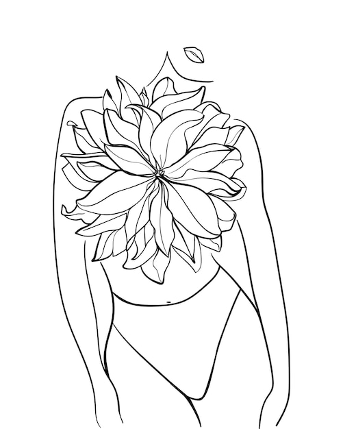Bella mujer con flor. Dibujo lineal. - ilustración vectorial.