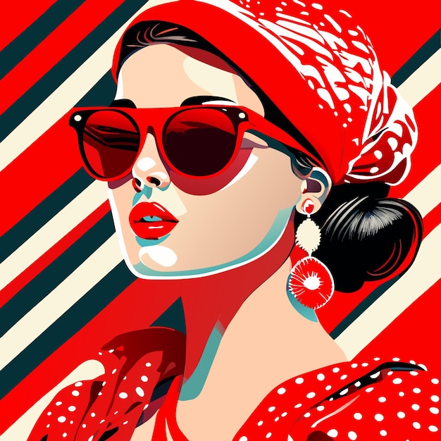 Vector bella mujer joven con gafas de sol chica elegante con una cinta roja en la cabeza aspecto femenino de moda