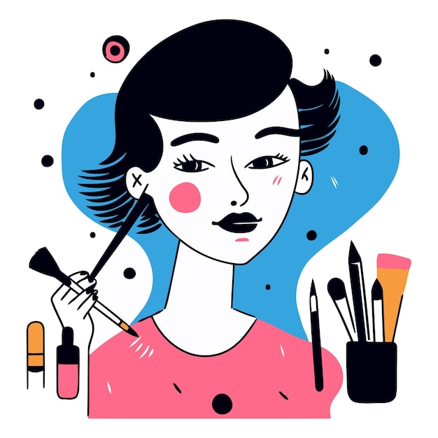 Vector bella mujer joven con pinceles de maquillaje y cosméticos