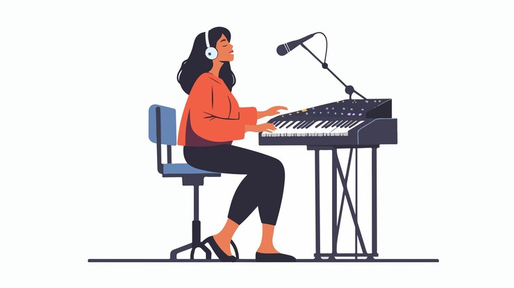 Vector bella mujer músico cantando y tocando sintetizador