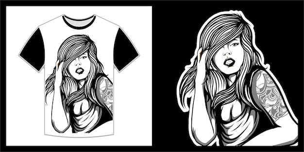 Bella mujer con pelo largo, diseño de camiseta