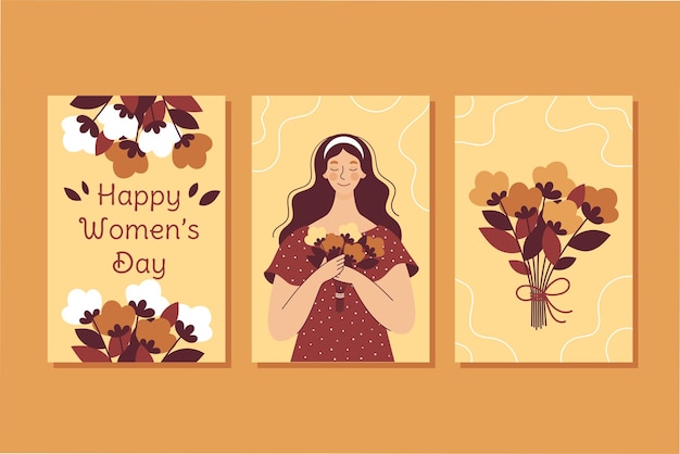 Bella mujer con un ramo de flores. conjunto de postales para el día de la mujer. ilustración