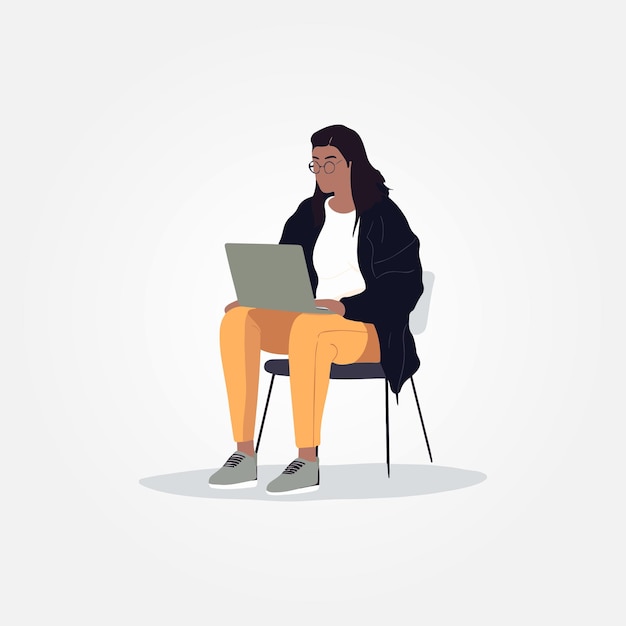 Vector bella mujer sentada con un portátil en su regazo trabajando ilustración vectorial