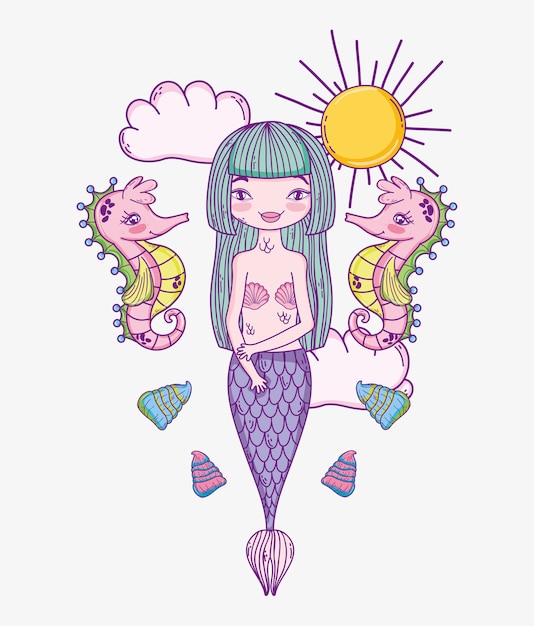 Bella mujer sirena con caballitos de mar y conchas.
