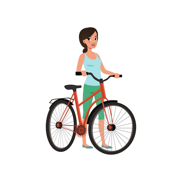Bella mujer en uniforme deportivo de pie al lado de su bicicleta vector concepto de estilo de vida activo Ilustraciones aisladas en un fondo blanco