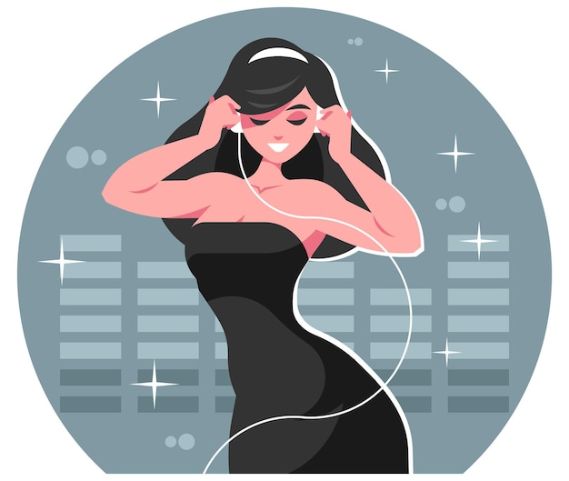 Vector bella mujer con vestido negro escuchando música con auriculares gráficos vectoriales