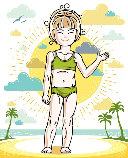 Bella niña rubia linda niño de pie en la playa tropical con palmeras. Ilustración humana vectorial con traje de baño de colores.