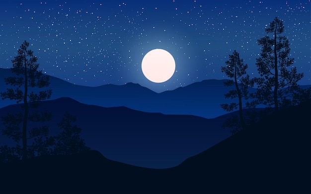 Bella noche en el bosque de pinos con luna y cielo lleno de estrellas