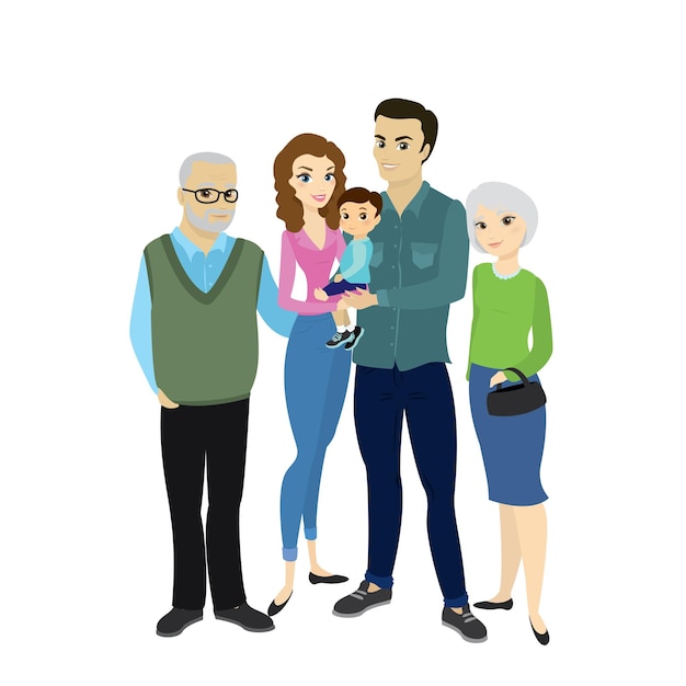 Bella pareja de familia feliz con hijo y abuela abuelo ilustración vectorial aislada