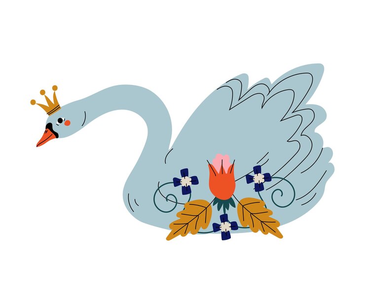 Vector bella princesa cisne con corona dorada y flores encantadora ilustración vectorial de pájaros de cuento de hadas