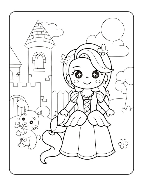 Bella princesa con lindo conejito para colorear, pintar e imprimir