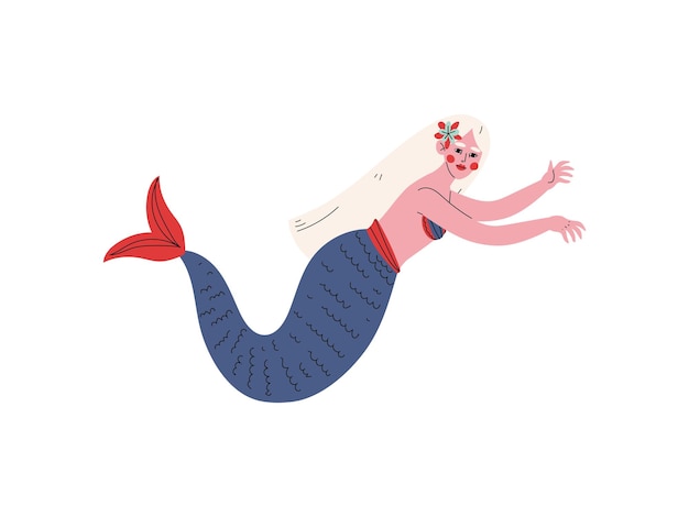 Bella sirena o sirena con cabello largo y rubio y cola azul Ilustración vectorial sobre fondo blanco