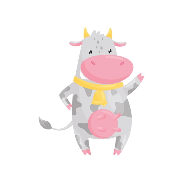 Bella vaca manchada con campana dorada animal de granja gracioso personaje de dibujos animados vector Ilustración aislada sobre un fondo blanco