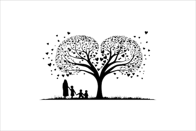 Bellamente silueta de árbol de amor Valentín silueta y vector de amor