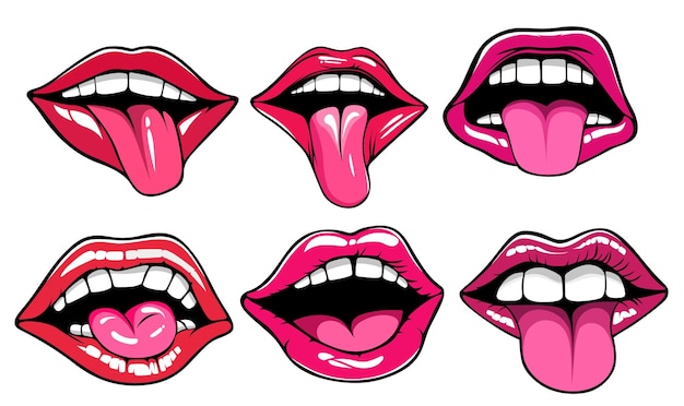 Bellas bocas que sobresalen de la lengua diseño de pegatinas ilustración vectorial