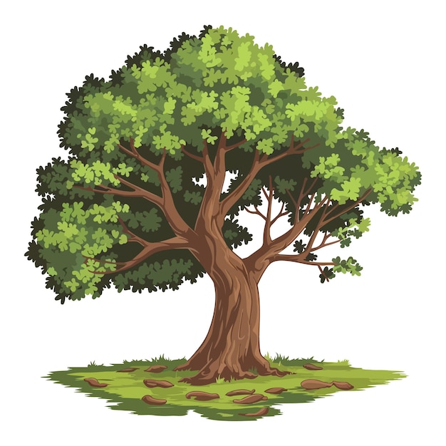 Bellas ilustraciones vectoriales de árboles con hierba verde y hojas marrones