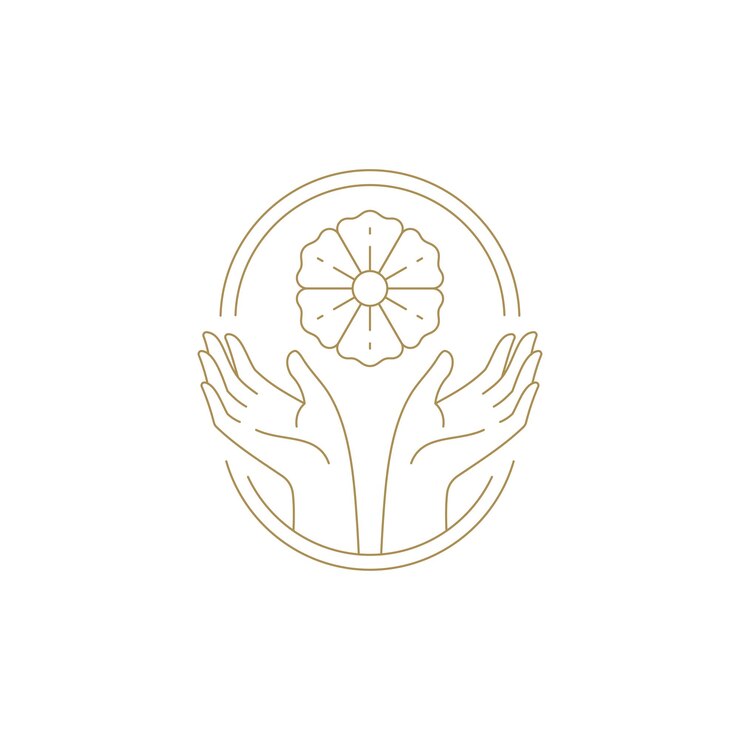 Bellas manos femeninas con hierba floral en marco de elipse ilustración vectorial de icono de arte de línea dorada