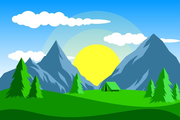 Bellas montañas dibujadas a mano con papel tapiz de paisaje con tema natural