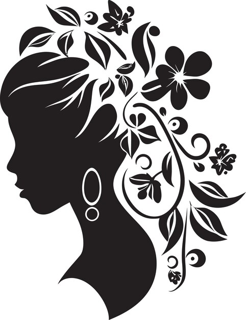 Vector belleza artística de pétalos icono facial floral negro perfil floral minimalista vector de la mujer emblema