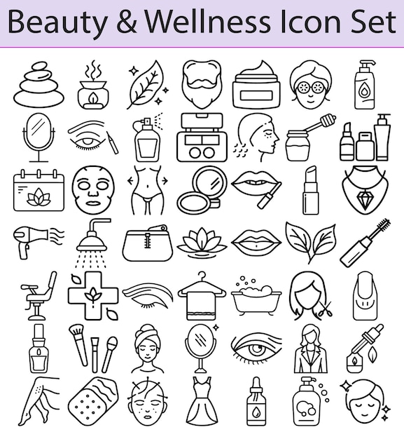 Belleza y bienestar Línea de arte Iconas Set Spa Piedras Ducha Mujer Cara en Transparente