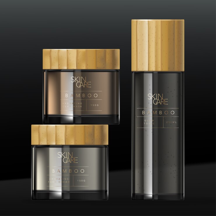 Belleza, cuidado de la piel o frasco de comida y envase de botella con tapón de rosca de madera o bambú. Cristal negro teñido transparente o cuerpo de plástico.