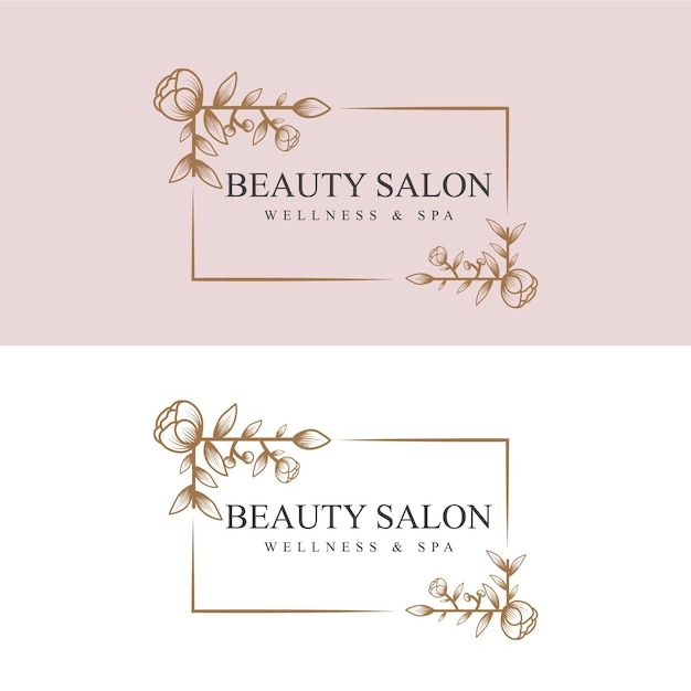 Vector belleza femenina dibujada a mano y marco de logotipo botánico floral para el cuidado de la piel y el cabello del salón de spa