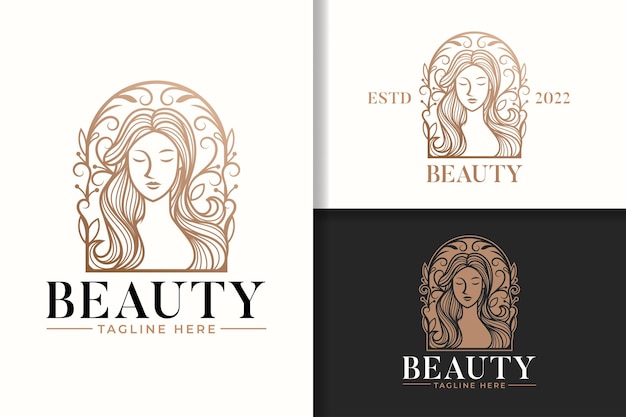 Belleza femenina mujer arte de línea dorada plantilla vectorial de logotipo natural