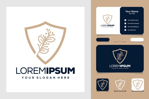 belleza hoja dorada y escudo con diseño de logotipo de línea y tarjeta de visita