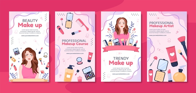 Belleza maquillaje social media ig historias plantilla plano dibujos animados fondo vector ilustración