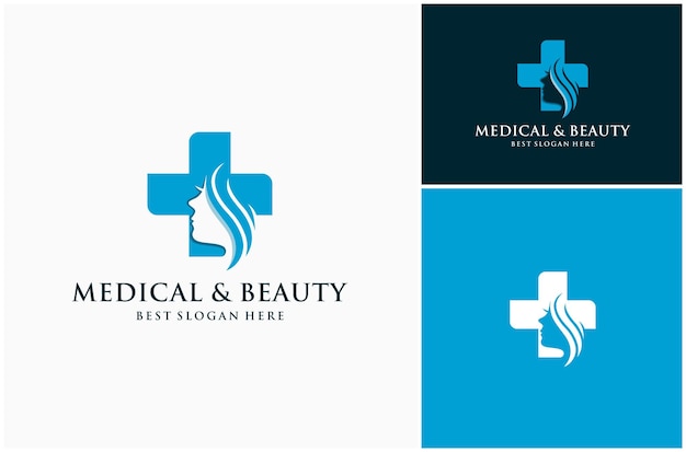 La belleza de la mujer, la belleza de la niña, el cuidado del cuerpo, el tratamiento, la clínica médica, el diseño del logotipo vectorial, la ilustración.